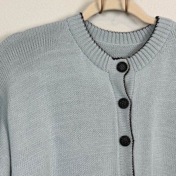 Handmade Knit Light Blue Black Cardigan Sweater M/L - Picture 2 of 9